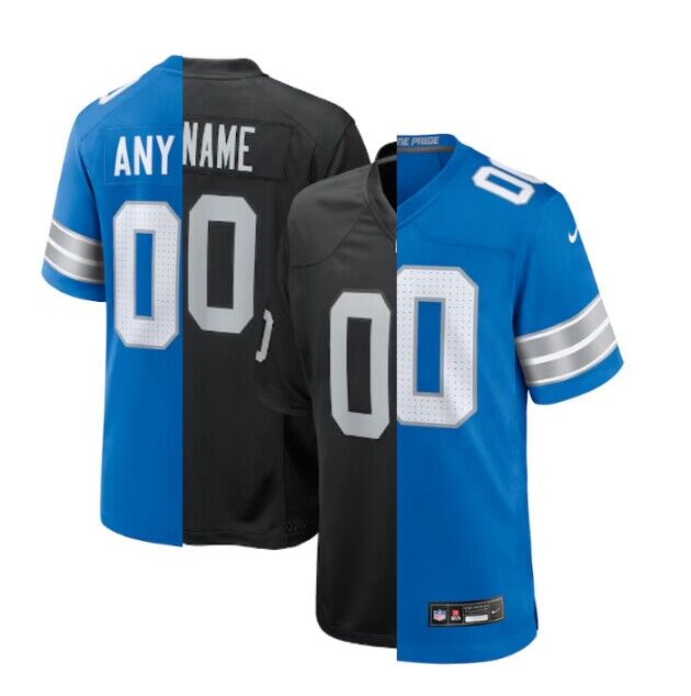 Men's Las Vegas Raiders x Detroit Lions Customized Black/Blue Split Stitched Jersey Men's Las Vegas Raiders x Detroit Lions Customized Black/Blue Split Stitched Jersey